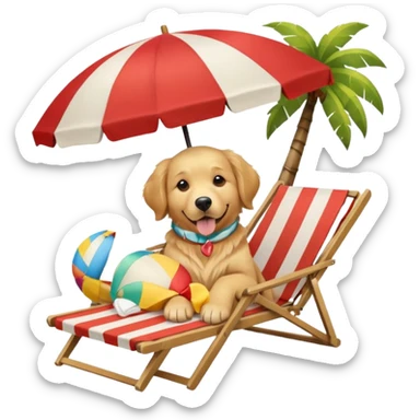 a dog laied on a beach chair, a sunny beach, a sun umbrella, and beach coconut trees. the icon should capture the essence of a relaxing beach vacation with a carefree atmosphere sticker