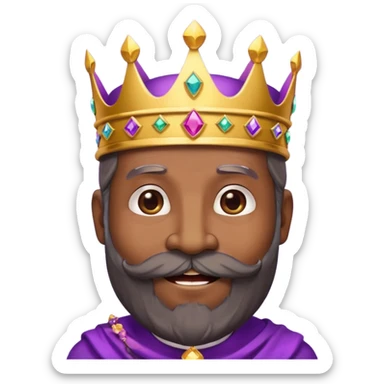 Create a cartoon-style emoji of Baltasar, one of the Three Wise Men. Only show his face and crown. He is older, with dark skin and a full black beard, joyful wrinkles, and a purple and gold jeweled crown. Express warmth, wisdom, and friendliness. Colorful and simple, suitable as an emoji. sticker