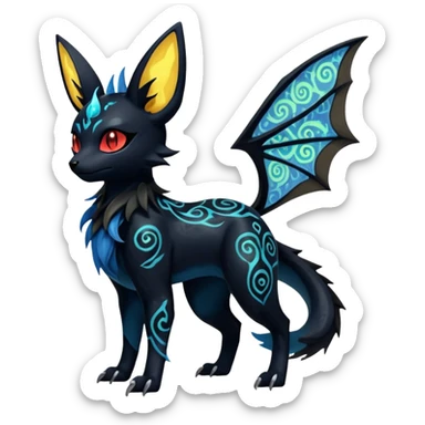 Shiny Fiery Dark Ugly Evil Glowing Eldritch Horror Cool Edgy Badass Emo Glorious Demonic Batty Punky Aural Iridescent Fluorescent Bioluminescent Umbreon-Amaura-Salandit-Litten-Flareon-Fakémon-fusion (full body) with intricate pattern markings sticker