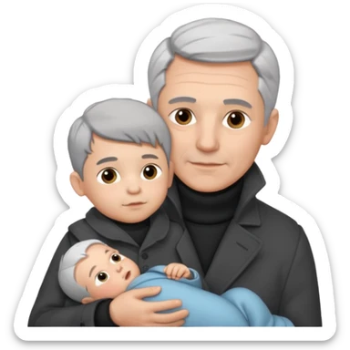 A father with silver-grey hair styled neatly and a clean-shaven face, wearing a dark turtleneck and wool coat, holding his baby sticker