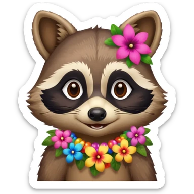 A playful raccoon wearing a hawaiian flower necklace, looking festive. sticker