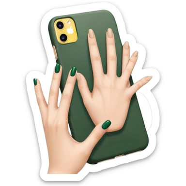 female hand with nude manicure showing all 5 fingers holding an iPhone in a dark green case, side view, emoji style sticker