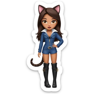 A sexy, super pretty bratz girl with caramel skin. Dark brown hair and brown eyes. She has freckles. Wearing sexy makeup. Dressed as a sexy cat with tall black boots on sticker