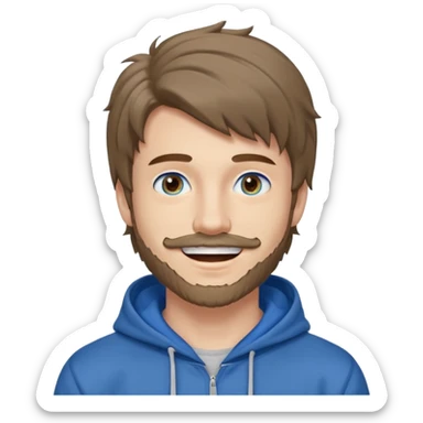 20 year old man, short scruffy beard and thin moustache, brown puffy mullet, blue eyes, big smile, white teeth, big lips, pronounced jaw, hair longer in back, sticking up on top, thin face, grey hooded sweatshirt, pale skin, big smile, blue eyes, puffy hair that is long in back, blue eyes sticker