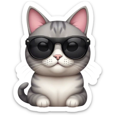 A cool, cartoon-style face cat wearing oversized black sunglasses, sitting confidently with a relaxed expression. The cat has smooth fur, a small smirk, and a playful yet stylish posture. Flat, modern illustration, minimal shading, digital art, white background, iOS emoji aesthetic. sticker