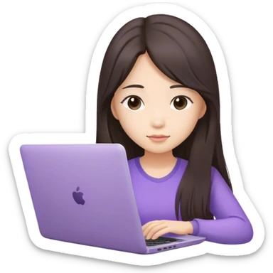 Long hair brunette Asian girl working on lavender laptop front view sticker