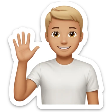 joven bronceado corte de pelo muy cortito polera blanca sonrisa bonita saludando mano arriba sticker
