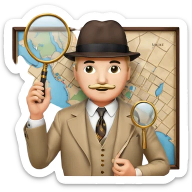A cinematic-style frame showing Hercule Poirot in his iconic suit with a magnifying glass in a dramatic detective pose. Background should be mysterious city, map, a board with photos of suspects, clues like fingerprints. Transparent background. sticker