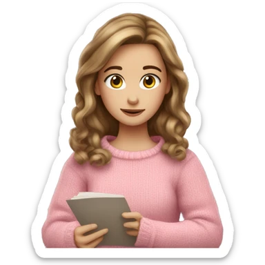 Pretty white girl with brown hair pink sweater reading cozy sticker