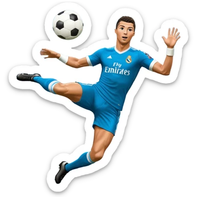 Ronaldo doing a bicycle kick with football in mid air While wearing a Retro blue Real madrid kit and yes i want it to be exactly the same as he Scored it in 2018 vs Juventus  sticker