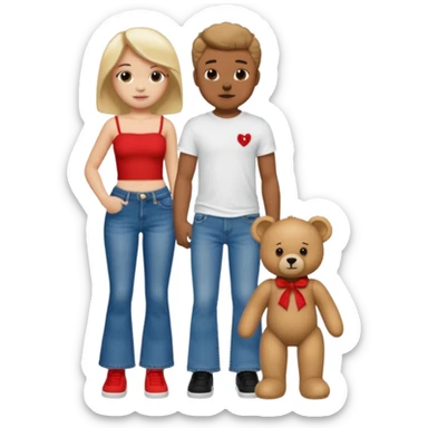 A boy and a girl teddy bear for the boy bear put on true religion shirt and jeans with black shoes and for the girl put flare jeans and a red tube top and white shoes just bears not the humans  sticker