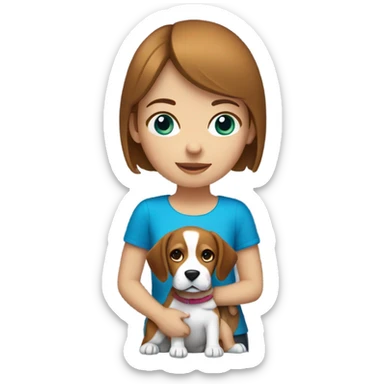 girl with brown short hair and blue eyes holding a beagle sticker