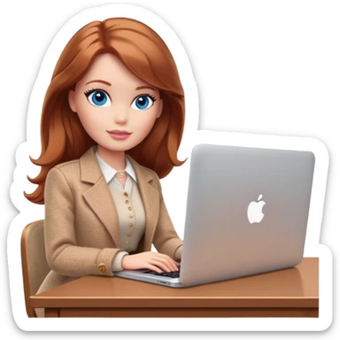 A Barbie girl with blue eyes, shoulder-length reddish-brown hair, made-up, wearing a beige tweed jacket and a beige skirt, is sitting with a MacBook sticker