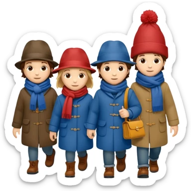 A group of school children walking to a movie theater in winter, inspired by Paddington Bear sticker