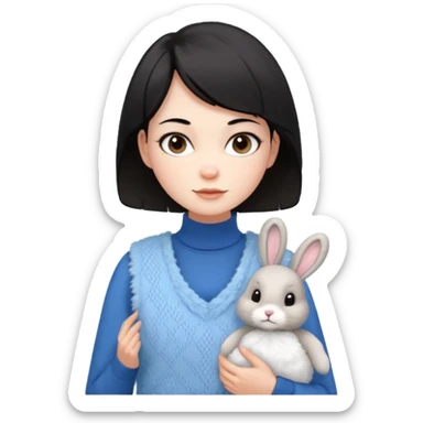 make a girl hair short black and wear bunny skin pale ok and wear Sweater vests blue and make little bit a younger sticker