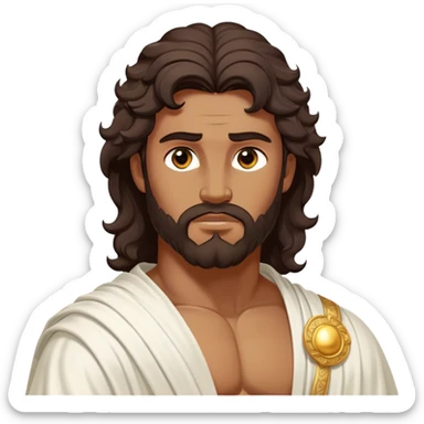 Cinematic Realistic Hercules Portrait, depicted as a classical Greek hero inspired by the Disney version yet echoing the refined proportions and serene dignity of Michelangelo's David. His idealized, sun-kissed bronze skin glows with timeless strength, and his thick, wavy dark hair falls in natural, sculpted curls. Draped in a flowing white robe with delicate golden accents, his expressive eyes radiate determined nobility, all rendered under dynamic natural lighting with a mythic, radiant glow. sticker