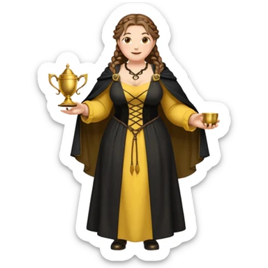 Helga Hufflepuff,brown-haired,2 braids,yellow-black medieval open dress,deep neckline,fat macromastia,black cloak decorated with gold braiding,gold cup with two handles,very kind smile,curvy busty sweet woman,round rosy cheeks,full length with medieval shoes sticker