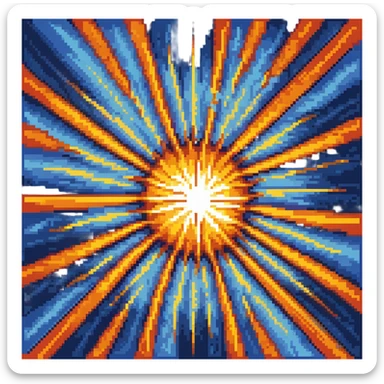 Bomberman explosion center tile animation frame 2, full size bright fiery explosion core, yellows and oranges radiating from center, peak of explosion sticker