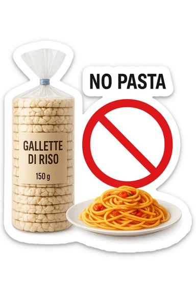 confezione di gallette di riso con accanto un piatto di pasta con divieto sopra, in italiano,  realistici sticker