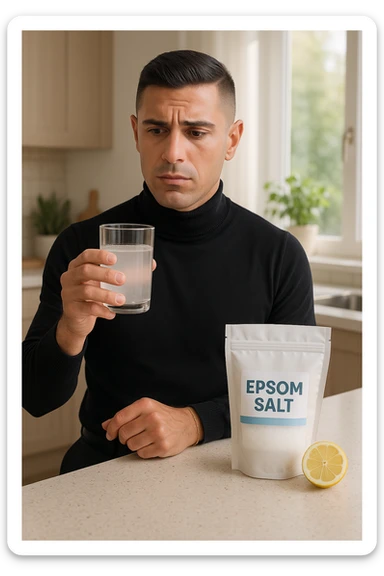 A realistic, bright photo-style image of a young man in his 30s standing in his kitchen, holding a clear glass filled with water in which Epsom salt (magnesium sulfate) has been dissolved. He looks focused but slightly uncertain as he prepares to drink it for a liver flush or digestive cleanse. The glass shows slight cloudiness from the dissolved salt. On the counter are a packet labeled 'Epsom Salt' and a sliced lemon, suggesting he might use it to mask the taste. The setting is clean, natural, and bright with neutral tones. The background shows sunlight streaming through a window, emphasizing a clean, minimalist health-focused environment. The mood conveys a realistic, calm moment of self-care with a hint of discomfort, illustrating a natural detox practice in italiano sticker