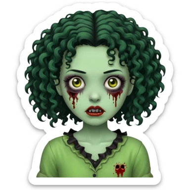 uma garota zumbi assustadora da pele verde e com cabelo 3b cacheado repartido ao meio preto curto ate o ombro sticker