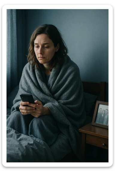 Donna tra i 30 e i 35 anni seduta da sola in una stanza, avvolta in una coperta, guarda il telefono ma non risponde ai messaggi. Sul comodino, una foto con amici, leggermente coperta dalla polvere. Sguardo perso nel vuoto. La stanza trasmette solitudine e distacco. Colori freddi, luce naturale tenue sticker