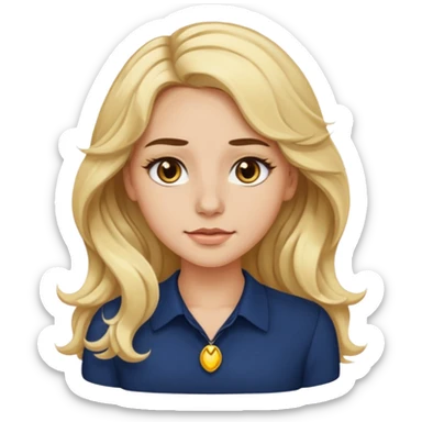 female with long wavy blonde hair, brown eyes, small gold nose stud, black eyeliner, navy blue blouse, emoji style, neutral expression sticker