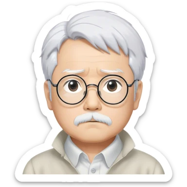 ​Cinematic Realistic Portrait of Hayao Miyazaki, depicted with striking white hair, defined black eyebrows, and large rectangular glasses, his thoughtful expression rendered in lifelike detail against a background of whimsical Studio Ghibli-inspired sketches, illuminated with soft, realistic lighting that emphasizes his creative genius, sticker