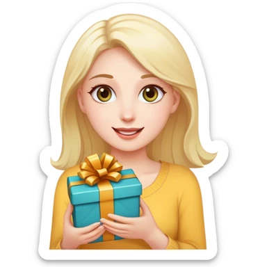 A woman whose eyes fill with happiness when she receives a gift sticker