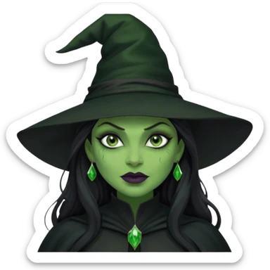 elphaba wicked witch with broom close up, evil dark coily long dark hair, green skin, thick green lips, cheekbones, smirk evil menacing cythia erivo dark aesthetic black hat cloak o sticker