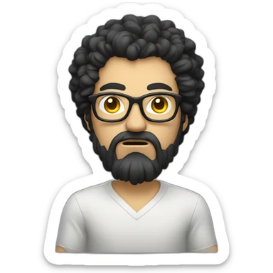angry men with black curly hair and beard with golden glasses coding on computer sticker