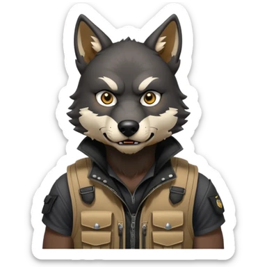 A black anthropomorphic wolf with white marks, he is wearing a muzzle, and his ears are standing up with a variety of piercings. He has a black tactical vest on, and he is in a grumpy mood, his arms just hanging by his side sticker