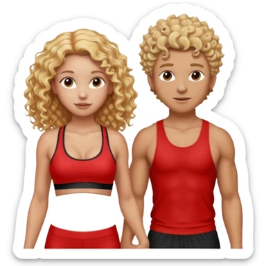 athletic man, high top fade, blonde curly hair only top only, no shirt and Athletic girl with long light red wavy long hair and black sports, Put them together kissing, or holding hands sticker