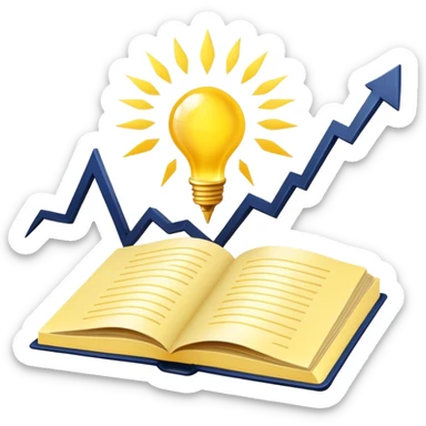 A yellow productivity book with navy blue and gold details, and chart with upward trend aura, radiating productivity, strategy, and success in motion with time and happiness yellow... power in time aura of happiness sticker