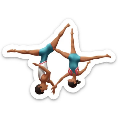 Two acrobats performing a dynamic mid-air flip, showcasing strength and balance. One is supporting the other in an elegant aerial position. The background features an indoor gym with bright lighting, a professional atmosphere, and a slight blur of the audience in the distance sticker