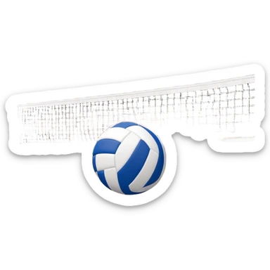 A close-up of a volleyball on the court, with the net in focus and the court markings visible. The background shows the stands filled with spectators, creating an energetic atmosphere of a volleyball match, with attention to detail on the equipment and the surrounding environment. sticker