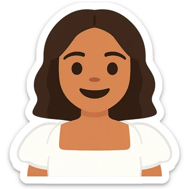 Make the emoji portrait look more like the woman in the reference image: match her facial features, hairstyle, and skin tone. Keep the white dress and smiling expression. Render in a simple emoji style with a transparent background. sticker