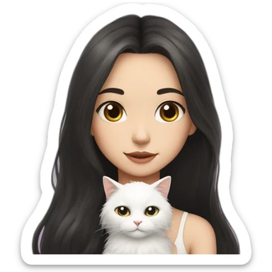 A girl with long dark hair and a white fluffy cat is lying on her left shoulder and neck sticker
