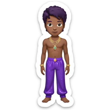 Prince Rogers Nelson with purple sequin baggy pants, shirtless with necklace, dark brown hair sticker