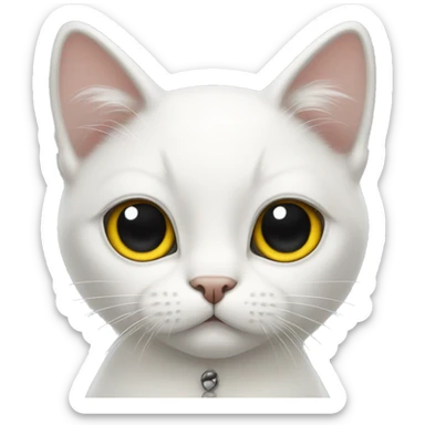 white cat whith white bow black eyes, and a yellow nose sticker