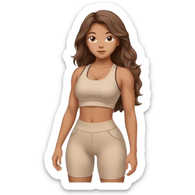 Create dream body girl with big glute and small waist and brown wavy long hair with pastel beige gym clothes  sticker