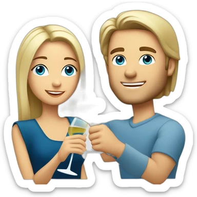 caucasian woman with brown eyes and blond medium long hair and a caucasian man with blue eyes and grey hair, toasting with a glass of white wine sticker