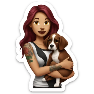 Beautiful tattooed  burgundy long haired woman holding a boxer puppy sticker