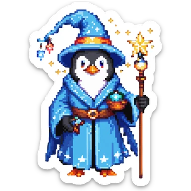 Penguin wizard with robe and magical stars sticker