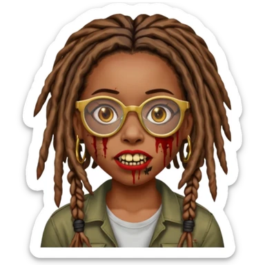 an african american girl with mid back length dread locs black glasses scar on the right side of face its like a red brown line im gold grills zombie mouth locs upfront sticker