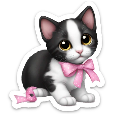 Baby Full body Tuxedo kitten with a pink polka dot ribbon Hazel eyes sticker