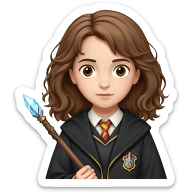 Hermione Granger with bushy brown hair, wand, and Hogwarts uniform sticker