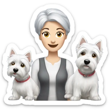  short gray hair lady blue eyes with three westie dogs sticker