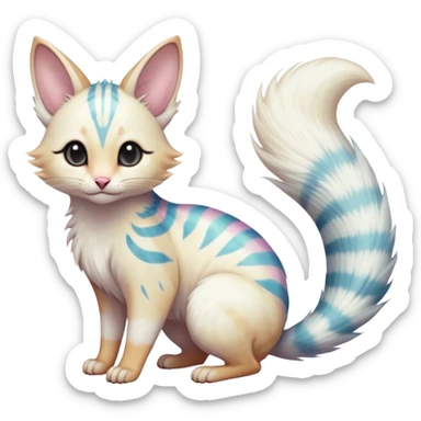  cute adorable whitish albino fur with random colorful markings iridescent beautiful elegant pretty precious cute  Fakémon-Pokémon-alien-opossum-feline-serval-caracal-chinchilla-Minccino-hybrid-creature with a big fluffy bushy striped tail (full body) sticker