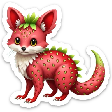 Feral Rare Fantasy vibrant tropical strawberry-colors-themed, red and sanguine, and lime-collred Vernid-Trico-species-creature by LiLaiRa, random markings, tufted tail, tufted ears, full body sticker
